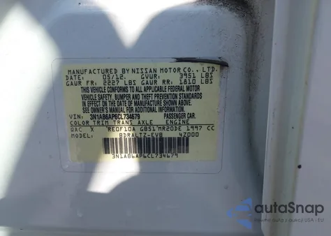 2012 Nissan Sentra 2.0 Sr z USA, uszkodzony, nr VIN 3N1AB6AP6CL734679